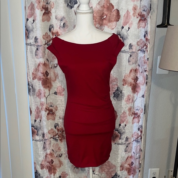 Urban Outfitters Red Sabrina Neckline Bodycon Mini Dress - Picture 8 of 11
